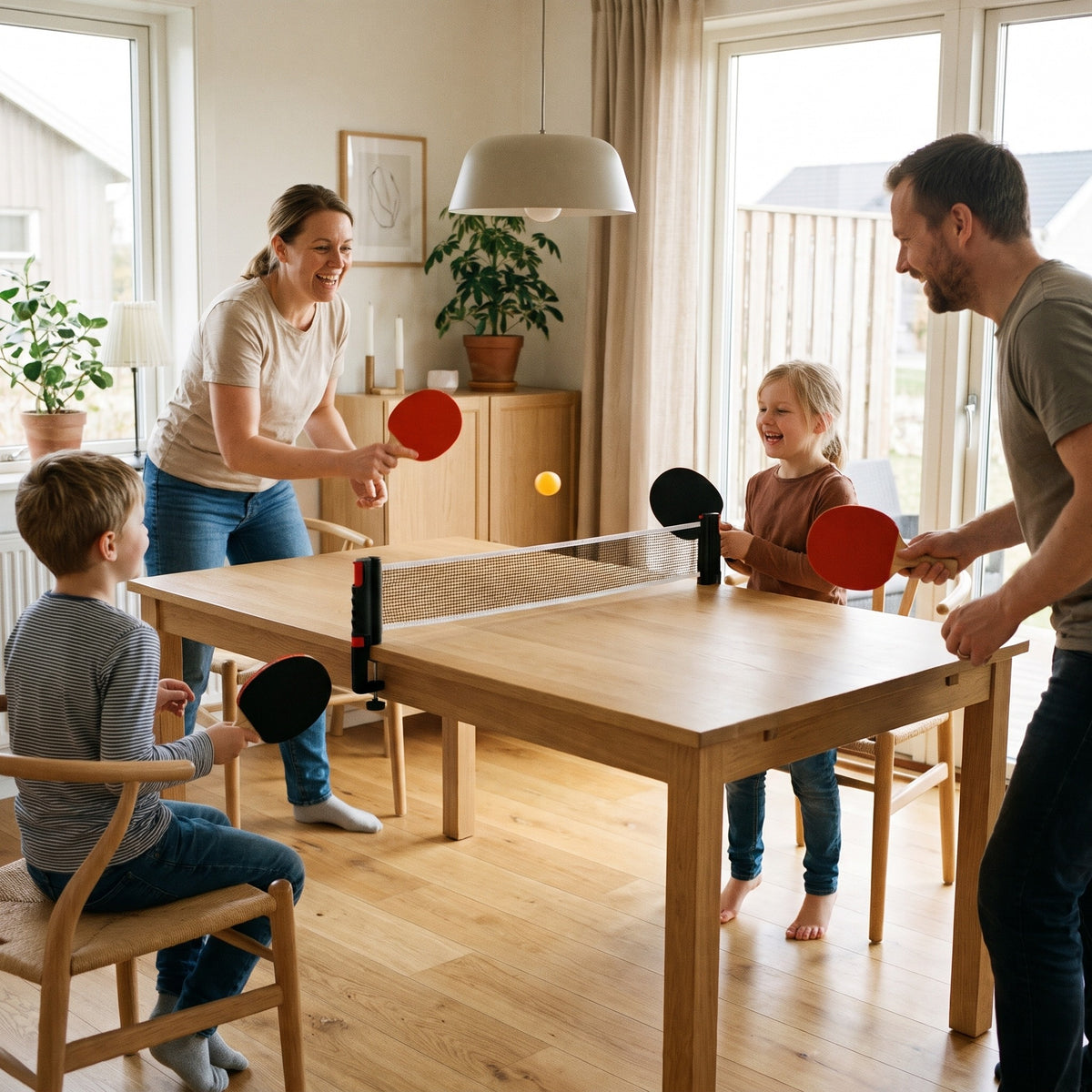 Familie spiller double ved spisebordet med fire racketer og pingisnettet