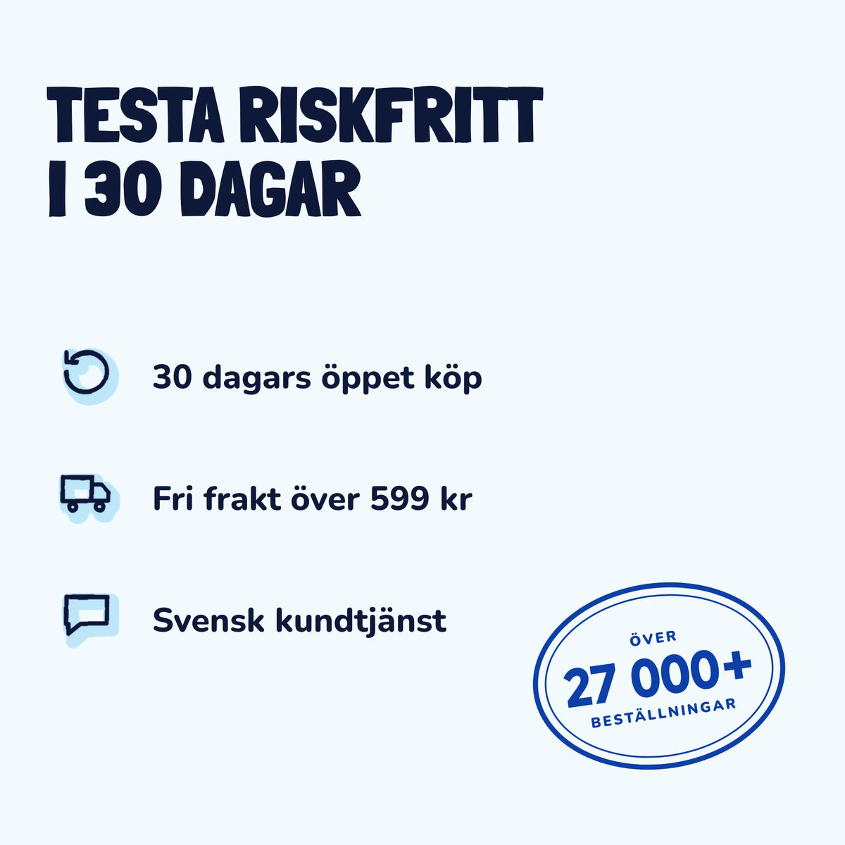 30 dagers åpent kjøp, gratis frakt over 599 kr og svensk kundeservice. Over 27 000 bestillinger