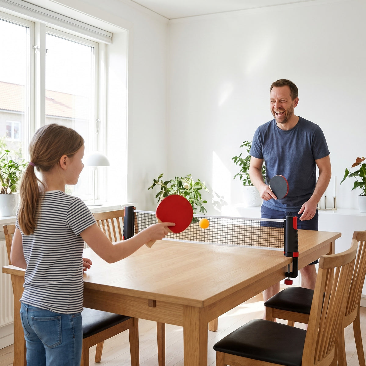 Jente og pappa spiller pingis over nettet på spisebordet